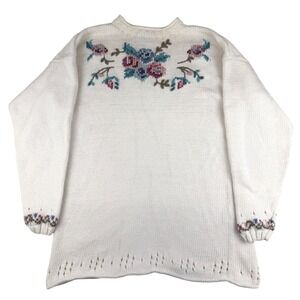 Vintage Woolrich Embroidered Floral Knit Sweater Womens L White Cotton Blend
